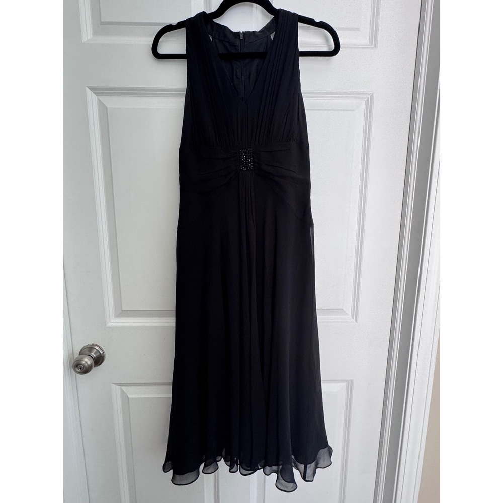 Anne Klein New York Black 100% Silk Beaded Waist Pleated Midi Dress Womens 6